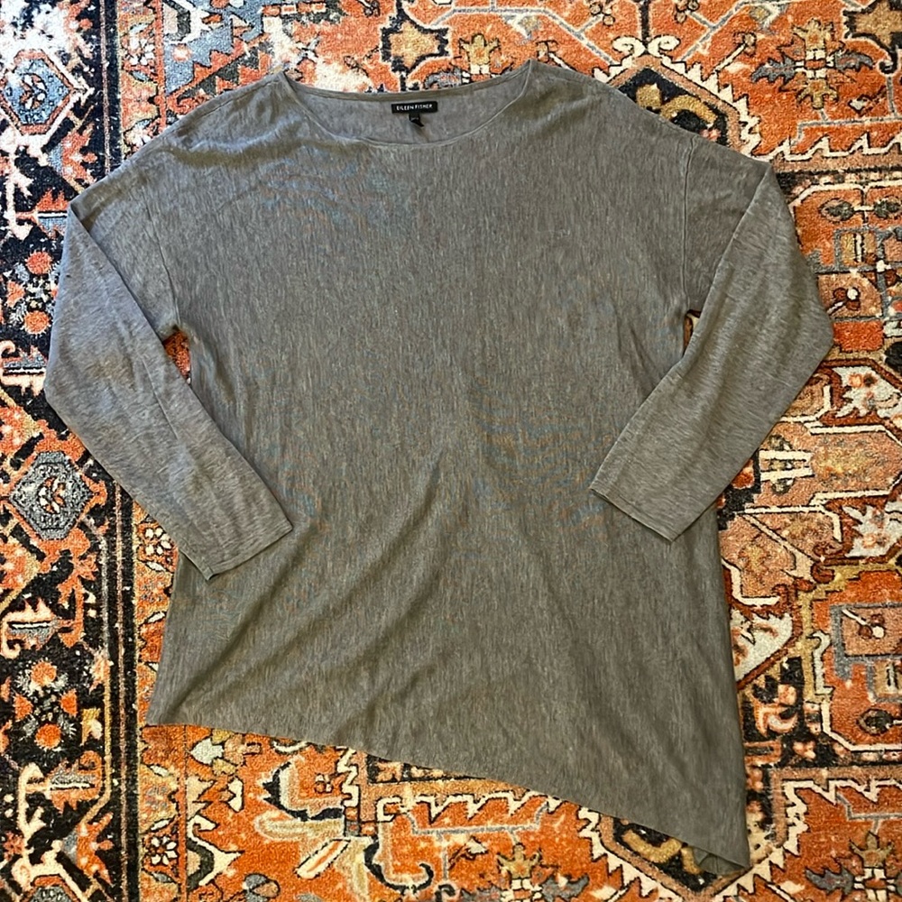 Eileen Fisher Grey Asymmetrical Hem Knit Long Sleeve Top | Size L